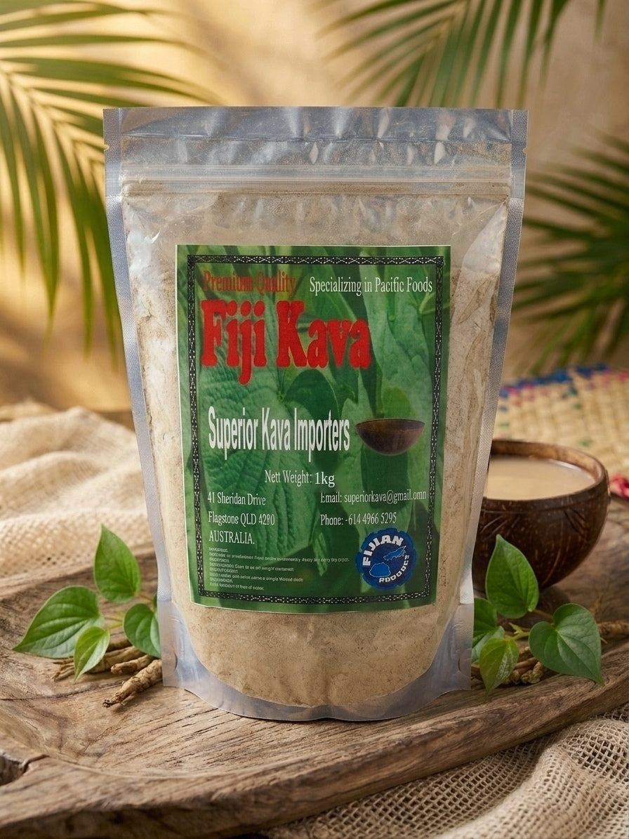 Fiji Kava 1kg bag with a bowl of kava and betel leaves