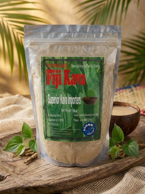 Fiji Kava 1kg bag with a bowl of kava and betel leaves